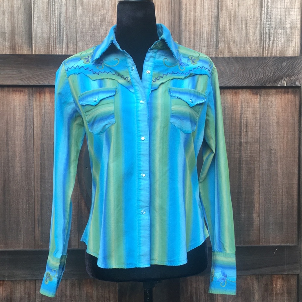 Roper Blue and Green Striped Button Down Shirt
